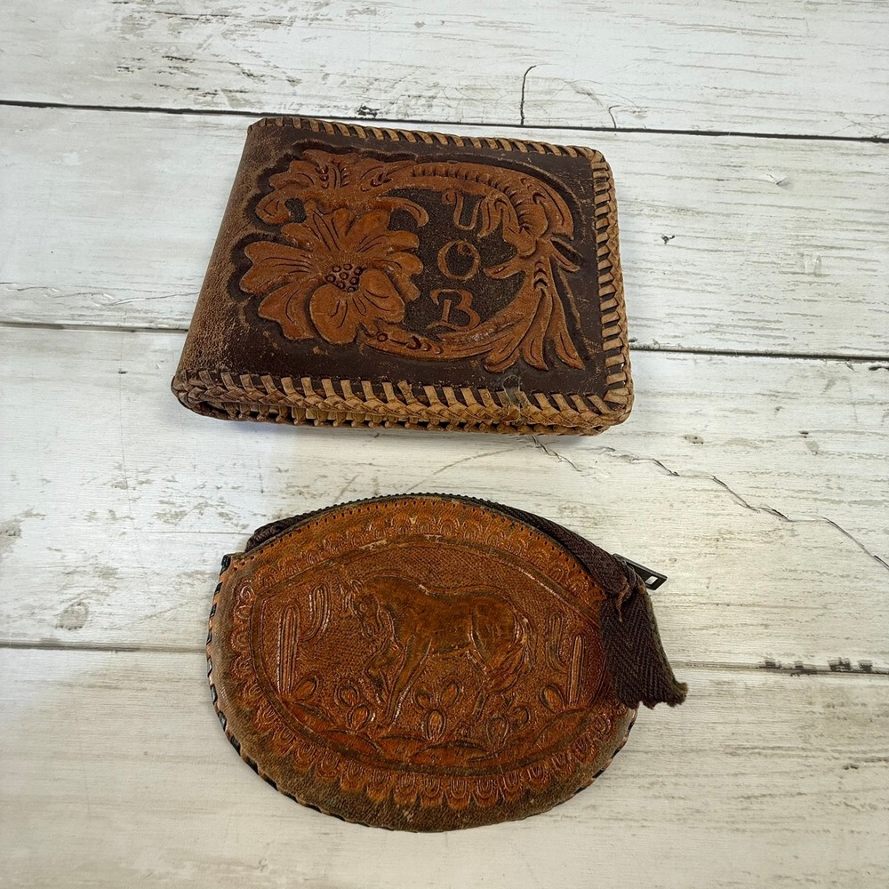 Vintage Hand Tooled Leather Wallet & Mexico Coin Purse Set Western Floral Horse